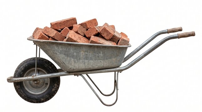 Metal wheelbarrow filled with stacked red clay bricks isolated on clean white background