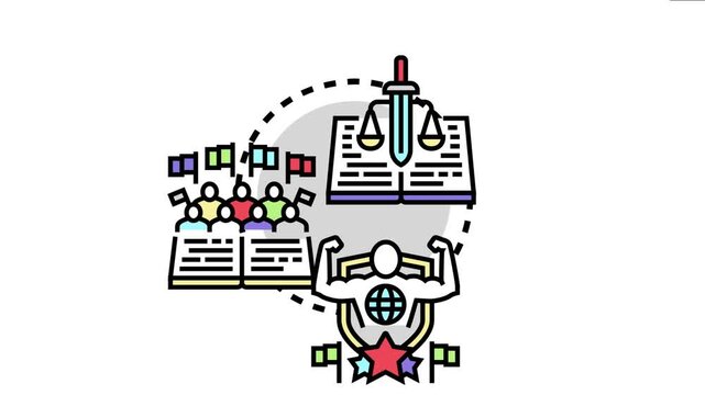 Legislative democracy concepts including public participation, voting, governmental power, lawmaking, and justice, representing fairness and popular sovereignty through illustrated symbols