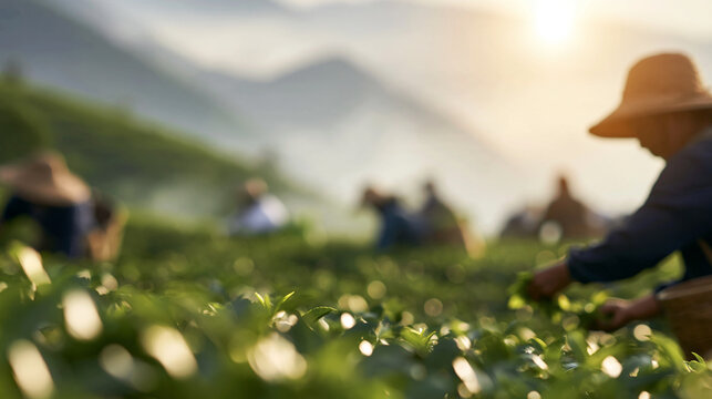 Tea picker harvesting fresh leaves in a lush plantation during sunrise, traditional agriculture work in mountains