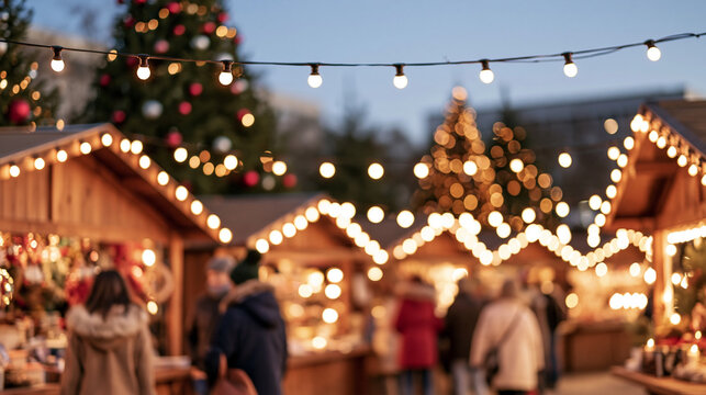 Christmas market stalls illuminating evening with festive lights and blurred people enjoying winter holiday tradition