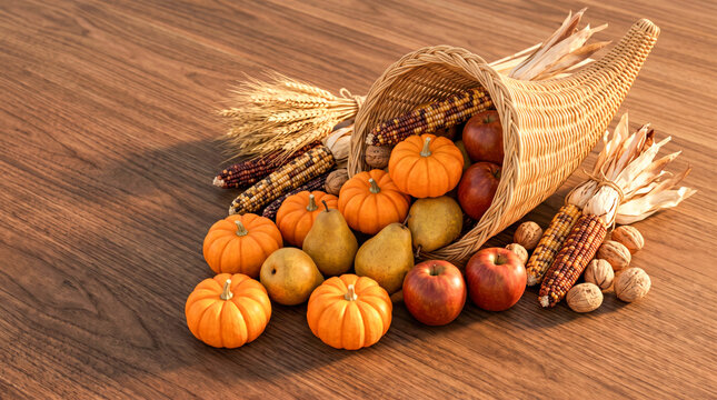 Woven cornucopia basket spilling mini pumpkins pears apples corn and walnuts on wooden table