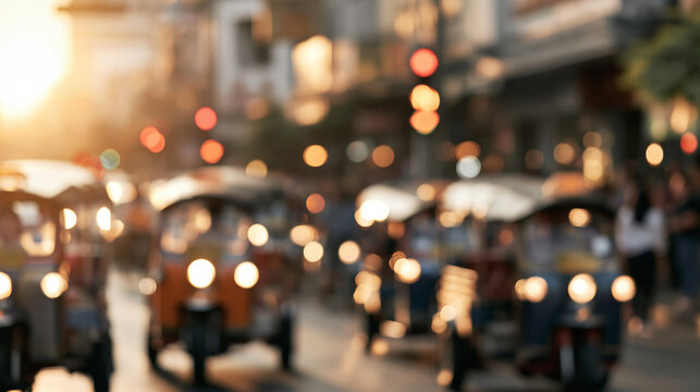 Blurred city street traffic at sunset with bokeh lights and traditional auto rickshaws in a bustling urban scene