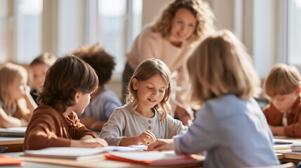 Obraz premium Elementary school children learning together in classroom with teacher helping students during lesson