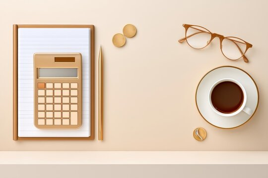 Overhead flat lay of calculator notebook pen coins glasses and coffee cup on beige surface
