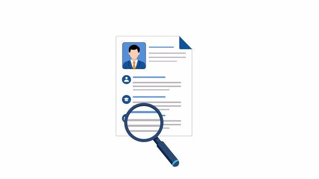 Flat 2D vector animation showing a magnifying glass examining a professional document, representing document review, information search, verification and analysis, alpha channel transparent background