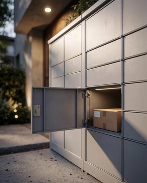 A single parcel package sitting inside a modern metal delivery locker at a residential home