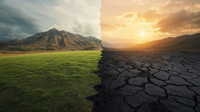 A split scene displays a lush green landscape on one side and a dry, cracked earth on the other. This contrast highlights the impact of climate change.