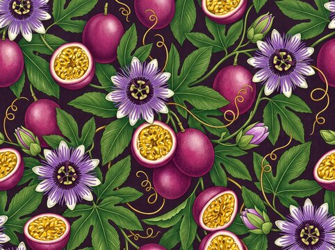 Vintage passion fruit seamless pattern, botanical passionflower and maracuya illustration, tropical fruit and floral wallpaper for textile design