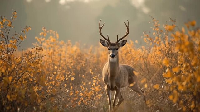 Antlered Deer in Golden Autumn Woodland, Alert Wildlife Animal Amid Sunlight, Colorful Foliage and Nature, Serene Forest Habitat Scene with Seasonal Beauty and Calm Wilderness Mood
