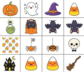 Fototapeta premium Cute Kawaii Halloween Vector Icon Set with Pumpkin Ghost Witch Hat Poison Bottle Spider and Candy Corn Designs