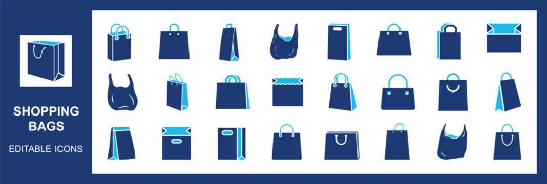 Shopping bags retail ecommerce icon set featuring paper, plastic, gift, carrier, grocery, package, tote, box, handle, purchase, sale, market, discount, customer, store, flat blue graphic design