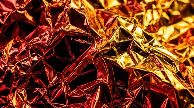 Metallic gold and red crumpled foil texture, shiny creased aluminum surface, luxury abstract background for festive design