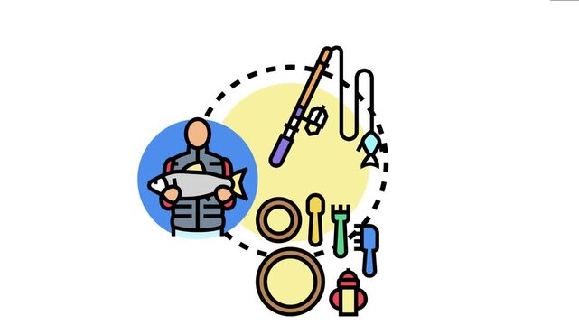 Person holding a fresh fish, a fishing rod with lure, and camping dinnerware recreational fishing as a relaxing outdoor hobby and preparing a meal