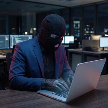 A man wearing a black balaclava and navy suit stares at the camera while holding an open laptop in a dark setting.
