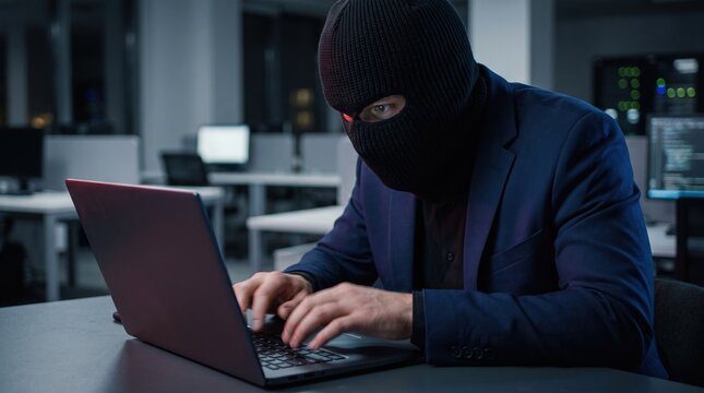 A man wearing a black balaclava and navy suit stares at the camera while holding an open laptop in a dark setting.