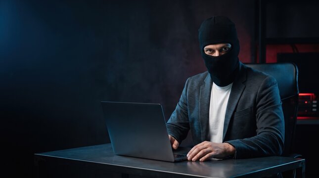 A man wearing a black balaclava and navy suit stares at the camera while holding an open laptop in a dark setting.