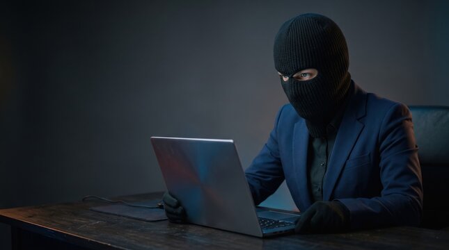 A man wearing a black balaclava and navy suit stares at the camera while holding an open laptop in a dark setting.