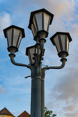Street lamp architecture. Street lamp lantern in park architecture. Elegant lamp in classicism style. Decorative architectural details © be free