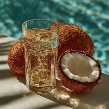 Coconuts and refreshing drink beside pool