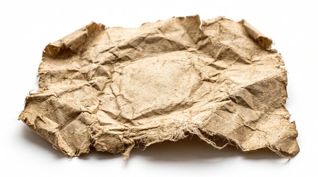 A crumpled piece of aged, torn parchment paper with frayed edges lies isolated on a white background.