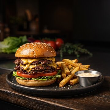 A stacked triple cheeseburger with melted cheese, caramelized onions, lettuce, and tomato is served with crispy french fries.