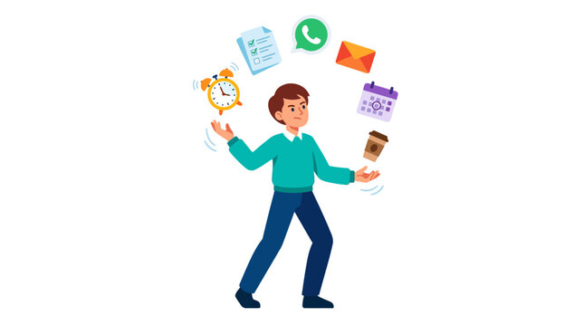 Man Juggling Business Tasks and Time Management Workload Illustration
