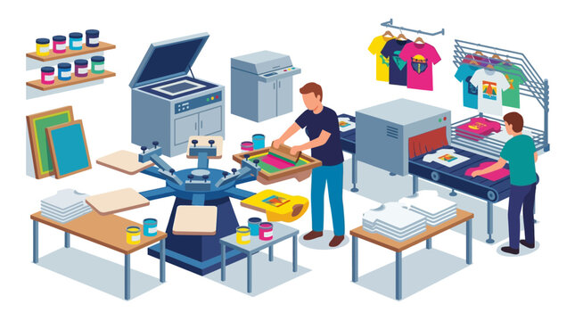 Screen Printing Workshop Production Process with Workers and Machinery