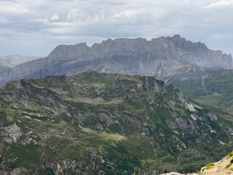 chaine des fiz mountain range north of le brevent chamonix french alps haute savoie france majestic limestone cliffs rocks alpine landscape scenic view high peak summit hiking travel background