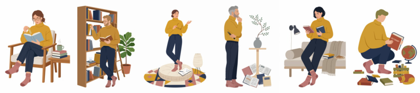 Flat vector illustration set of people reading and enjoying books in various cozy domestic settings.