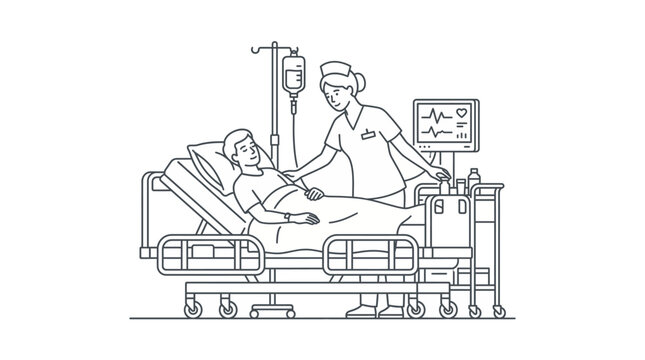 Nurse caring patient hospital bed concept thin line art icon healthcare medical ward vector illustration