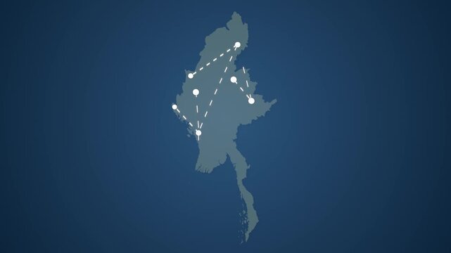 Myanmar Network Map with Straight Lines Connecting Locations for Signal Transfer