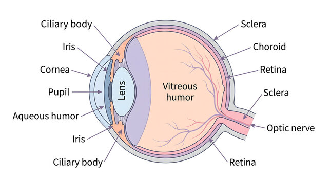 Human eye anatomy cross section diagram medical vector illustration biology educational infographic