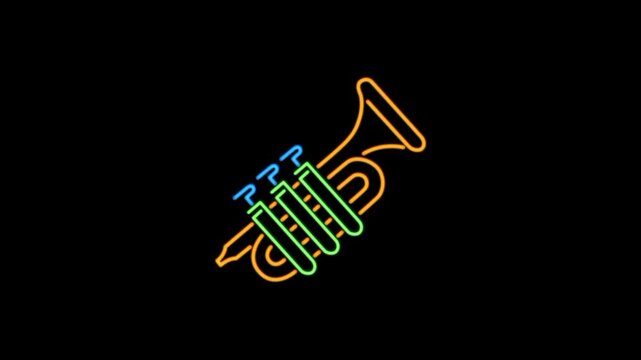 Trumpet music instrument neon glowing icon animation.