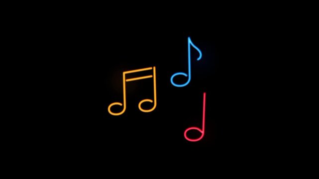 Music notes neon icon animation on black background 