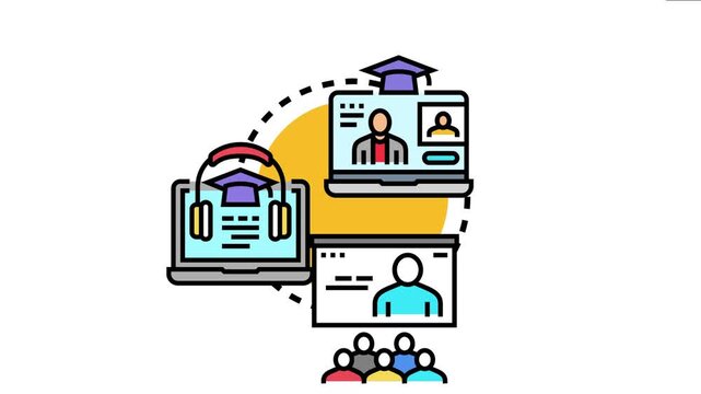 Online education concept featuring laptops with video call content, a student wearing headphones, and a group watching a virtual presentation for engaging explanations and learning