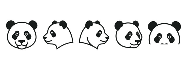 Set of cute panda bear head icons showing different angles and expressions in a simple line art style © Bibi