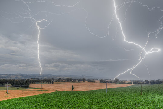 View of bright lightning strikes illuminating the dark stormy sky over agricultural fields and rural landscape in Corridonia, Marche, Italy.