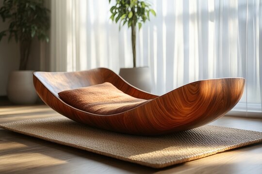 Modern wooden pet bed with cushion in a minimal indoor setting