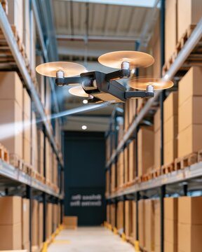 Compact industrial quadcopter drone using technology for surveillance and inventory management in large warehouse