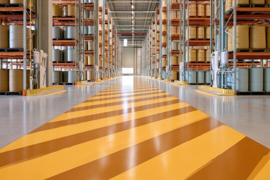 Industrial warehouse aisle with safety markings for segregated hazardous goods