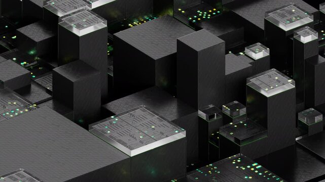 3d animation of randomly moving dark carbon cubes with glowing neon data patterns, abstract tech background. 3d rendering not AI