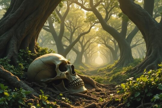 Death Skull Hidden Beneath Ancient Trees in a Misty Enchanted Forest