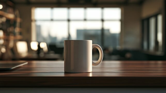 Coffee cup rests on wooden table. Soft light streams through large windows. Urban skyline visible in blurred background. Cozy, calm atmosphere pervades the scene