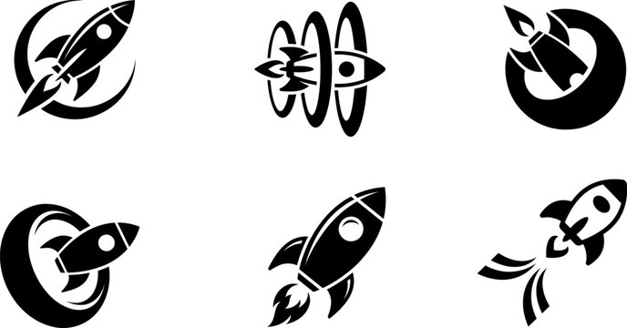 Set of black and white vector icons featuring a roket design for space exploration and travel technology concepts
