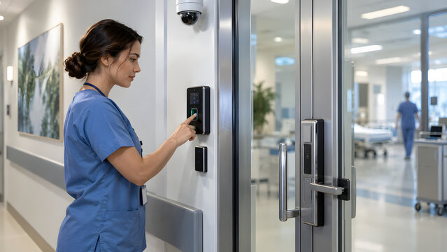 Nurse uses biometric fingerprint scanner to access secure hospital ward ensuring medical facility safety and patient privacy through advanced authentication technology