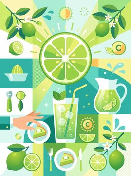 Key lime pie and limeade glass, flat vector style, green yellow tones, citrus concept