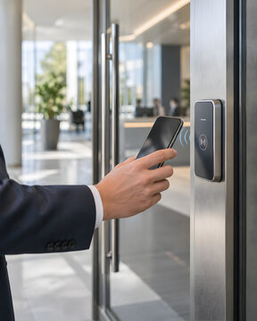 Close up of male hand holding smartphone to contactless card reader on silver metal door frame at bright corporate office lobby entrance for digital check in