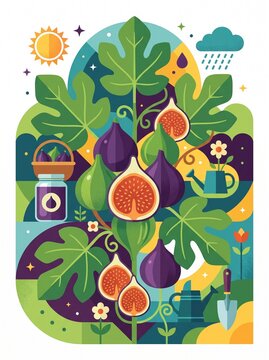 Fig tree harvest with fresh figs and jam, flat vector style, purple green yellow tones, garden concept