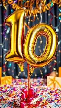 Birthday balloon shape number ten, golden letter figure 10 celebration background AI Generative