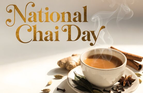 National chai day text overlay with a hot cup of masala tea surrounded by cinnamon ginger and aromatic spices steaming tea cinnamon sticks ginger root star anise